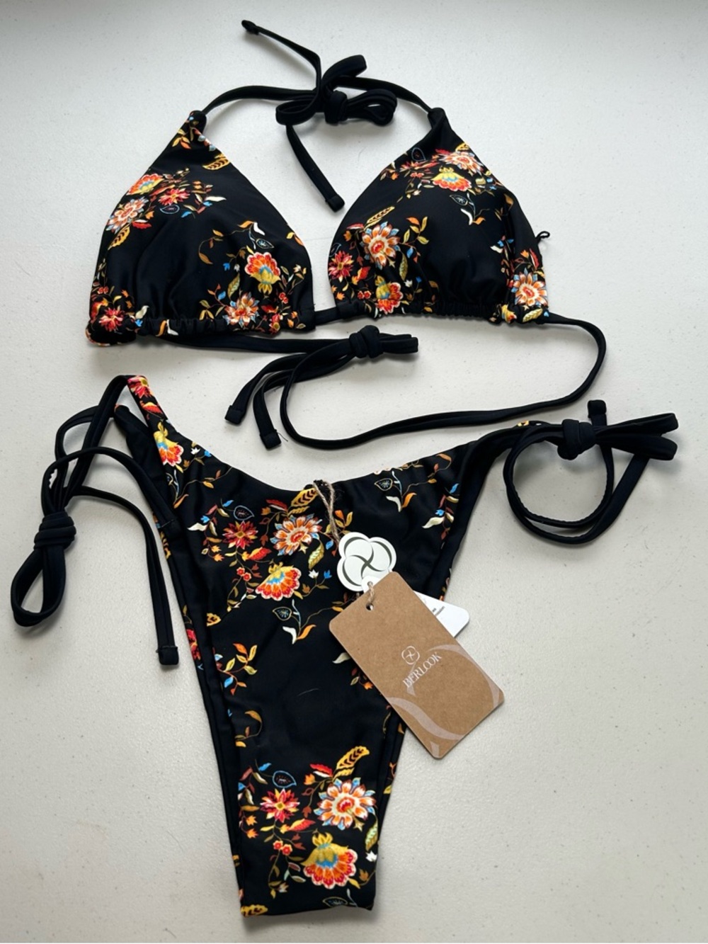 Berlook Bikini Set M Black Reversible Floral Halter Top Tie Bottom Swimwear